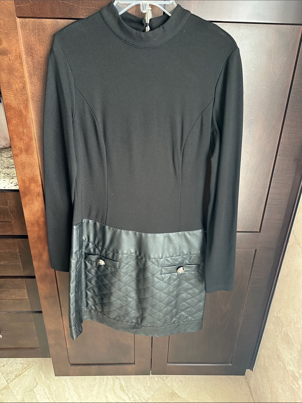 VENUS Black Long Sleeve Dress with Quilted Faux-Leather Hem